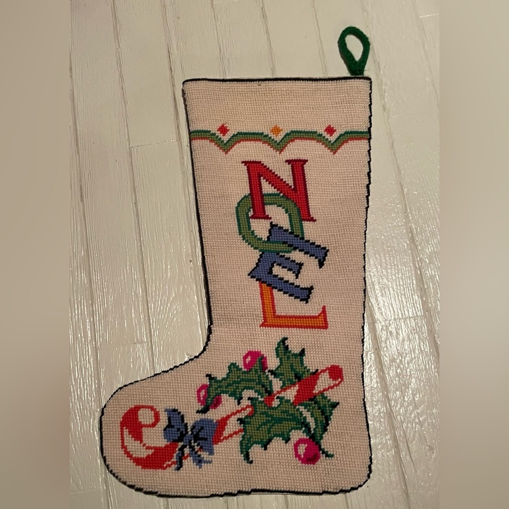 NOEL Christmas Stocking Vintage Needlepoint 17” Candy Cane 1972 BM Jabara